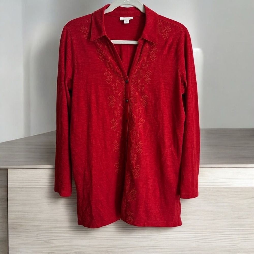 J.Jill Cardigan Top Red S Women Embroidered Long Sleeve Slub Cotton